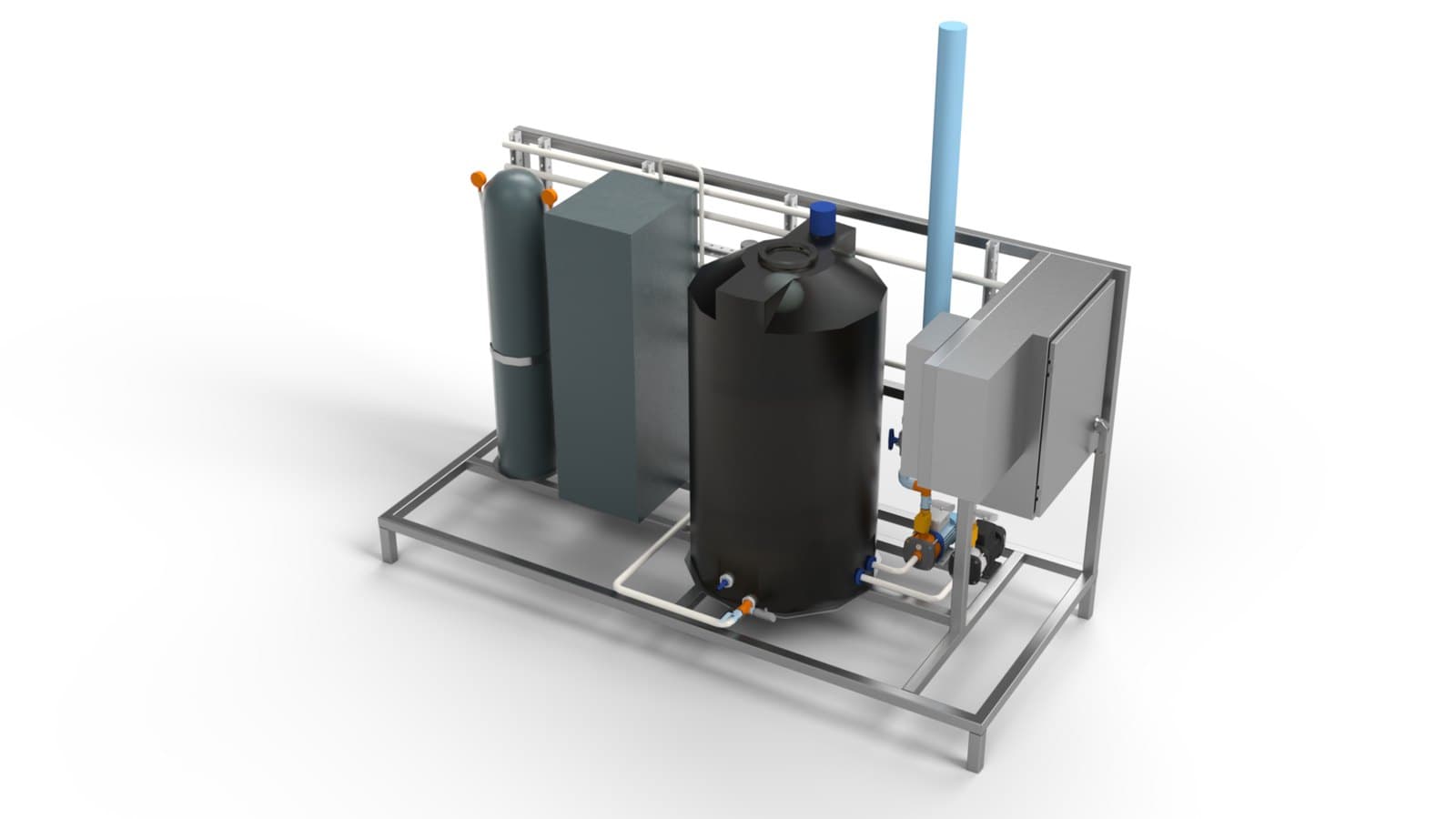 CAD assembly model of a stainless steel process skid with vertical tank, pump, heat exchanger and control panel